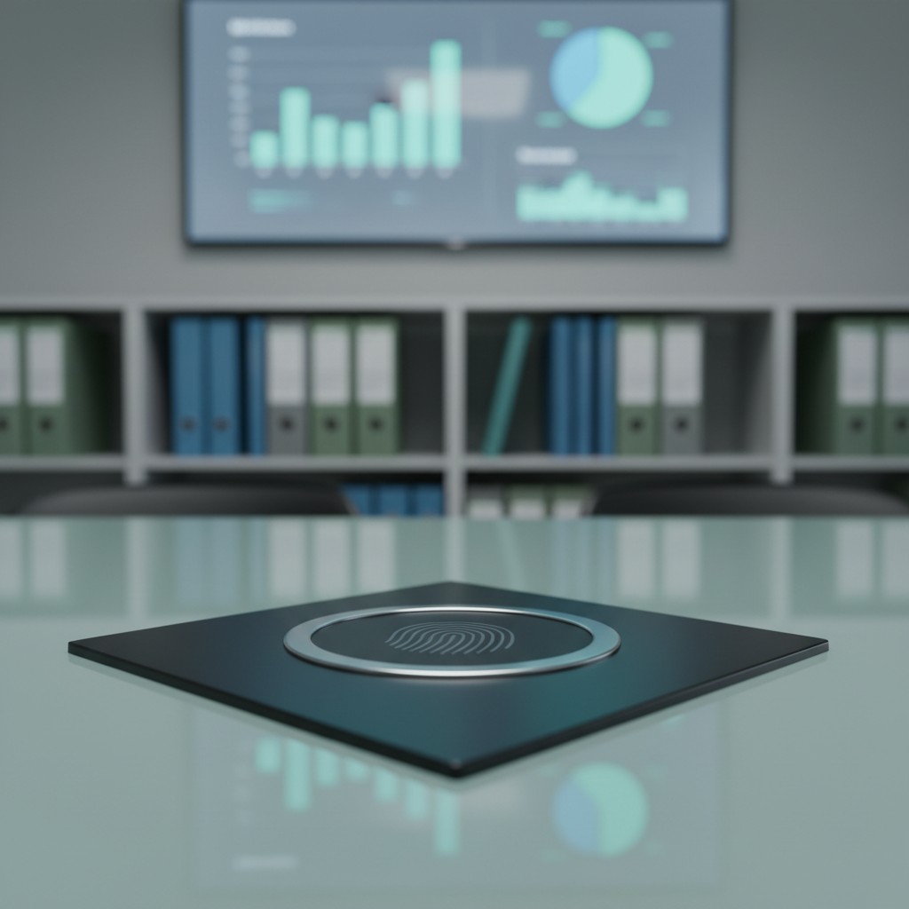 The retina scanner seen at the top of the image sitting on a desk in front of a projector screen showing various graphs. T...